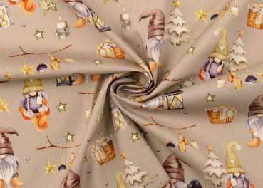 Elves and lanterns cotton fabric with christmas elves sandy